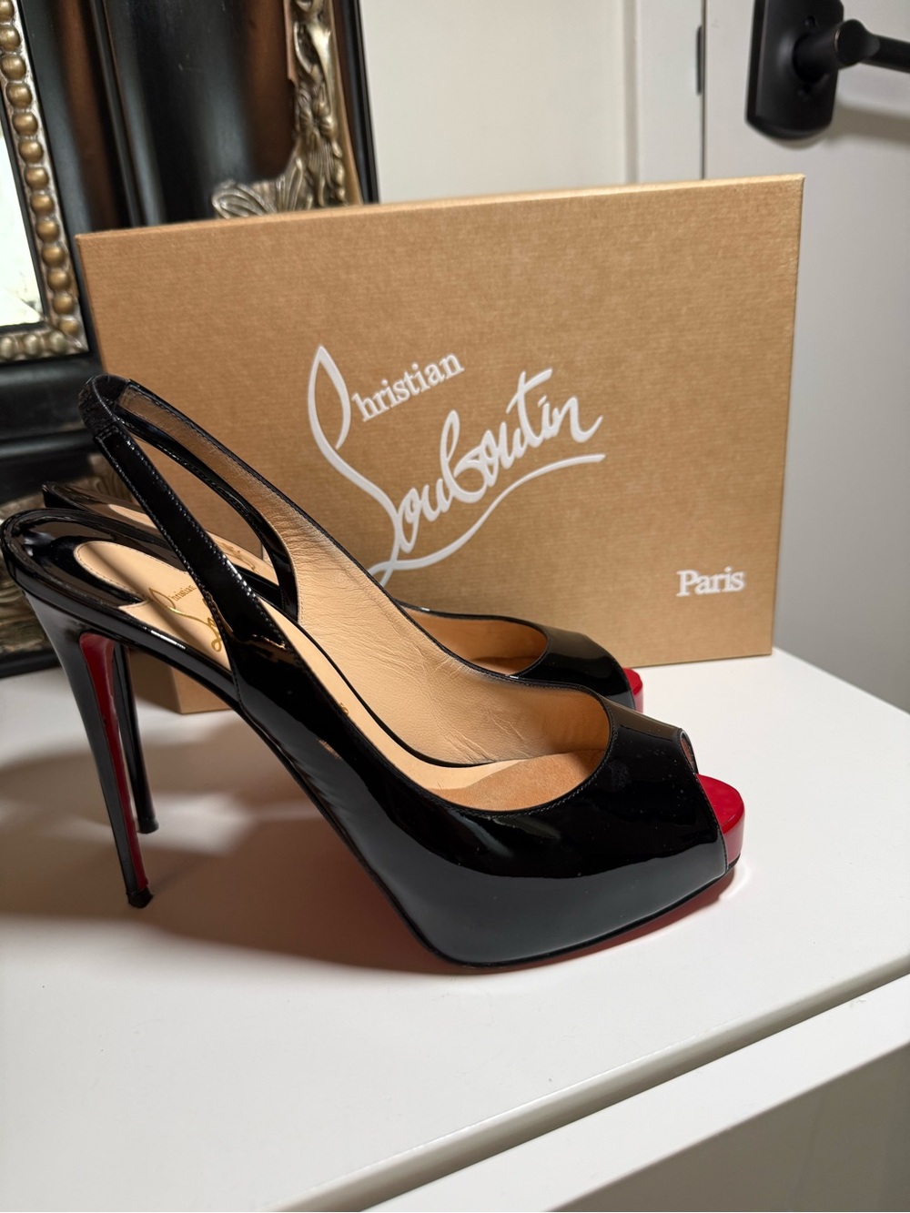 Christian Louboutin Black Patent Peep-Toe Slingback Pumps with Red Sole